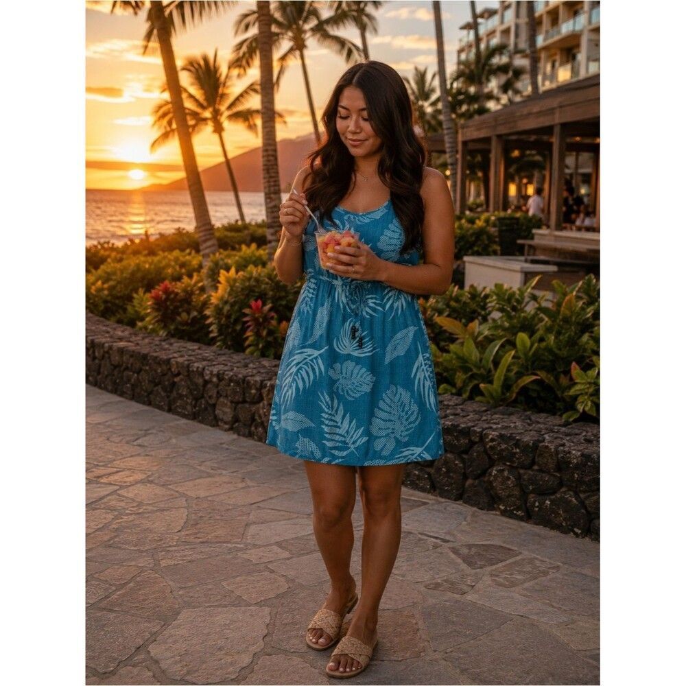 Palmwave Hawaii Teal Palm Leaf Rayon Sundress S Drawstring Aloha casual resort
